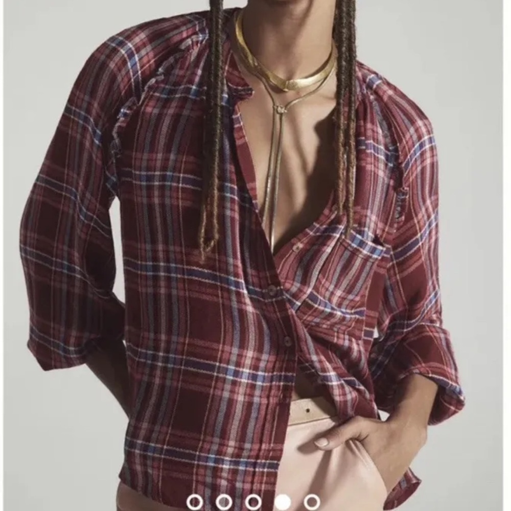 Anthropologie Pilcro Plaid Buttondown Long Sleeve Ruffle Top Shirt Red Pink Sz M